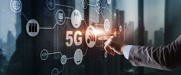 Wall Mural - 5g network wireless internet concept. man touching 3d icon 5g