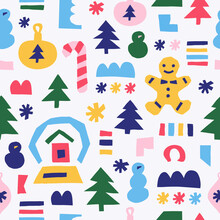 Winter Seamless Pattern With Christmas Tree Toy, Fir, Snowman, Snowflake, Snowball, Gingerbread Man. Surface Decoration. Cloth Design, Wallpaper, Wrapping. Vector Illustration.