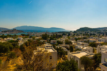 Wall Mural - BODRUM, TURKEY: Panoramic view of Bodrum coastline with harbor and ancient fortress.