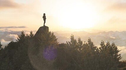 Wall Mural - Adventurous Caucasian Adult Woman Standing on top of a Rocky Mountain. Sunset Sky Art. 3d Rendering peak. Aerial Background Image from British Columbia, Canada. Adventure Concept