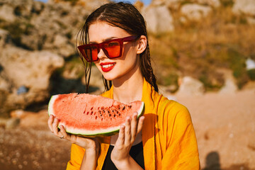 Wall Mural - pretty woman with watermelon outdoors summer vacation