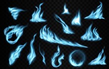 Blue Gas Fire Trails And Flames, Realistic Flames With Long Burning Tongues. Vector Natural Fossil Burning, Magic Blaze 3d Effect, Glowing Shining Flare Elements, Isolated Round Borders, Traces Set