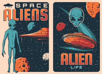 Wall Mural - aliens and ufo retro posters. extraterrestrial life and spaceships, space exploration vector vintage