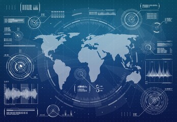 Poster - HUD futuristic Earth planet world map hologram with digital interface. Military control, world economy and finances virtual diagram. Sci Fi vector infographics, satellite spy or command interface