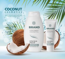 Coconut Cosmetics, Shampoo And Cream Packagings With Water Splashes And Palm Leaves. Realistic Vector Coconut Oil Cosmetic Products Of 3d White Bottle And Tube, Nut Shell And Milk Drops