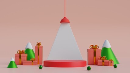 Fototapete - Minimal scene with geometric shape  with cylinder podium on pink background.Merry christmas and happy new year presentation.3d rendering illustration.