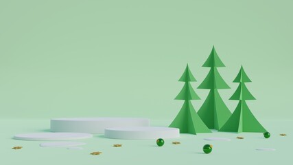 Fototapete - Minimal scene with geometric shape  with cylinder podium on green background.Merry christmas and happy new year presentation.3d rendering illustration.