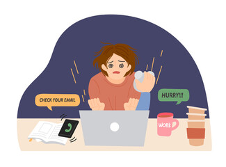 Wall Mural - a business woman is working frantically late at night. flat design style vector illustration.
