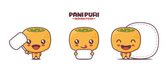 Wall Mural - cute panipuri cartoon mascot. indian street food illustration, with blank board banner