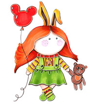 Illustration Children's Cartoon Style Bright Doll Girl With Red Hair In A Green Dress And A Teddy Bear Close-up On A White Background