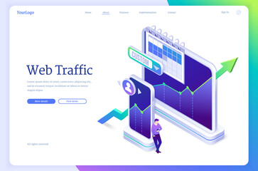 Wall Mural - web traffic isometric landing page. tiny man with smartphone at huge digital devices with increasing