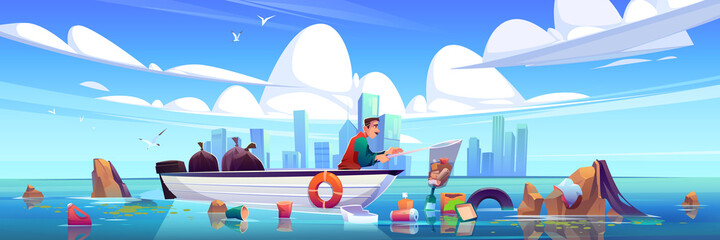 Wall Mural - Ocean polluted water cleanup, man on wooden boat cleaning sea surface catch plastic garbage with skip at modern city skyline. Urban eco pollution, trash on dirty waterfront Cartoon vector illustration