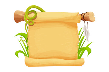 Wall Mural - Parchment scroll with feather on wooden stick and grass in cartoon style isolated on white background. Game asset, design element. Ancient, medieval paper. Vector illustration