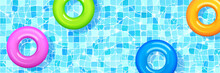 Swimming Pool With Colorful Inflatable Rings Floating On Clean Water Surface Over Tiled Floor, Hotel, Summer Vacation Background Design, Horizontal Template For Banner Realistic 3d Vector Illustration