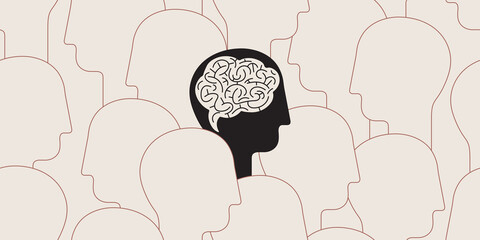 crowd of people, only one with visible brain. reflection on oneself and the surroundings. concept of
