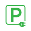 Letter P with plug icon, Green electric vehicle parking sign, Electric car charging point, Parking space for Eco friendly hybrid cars, Vector illustration