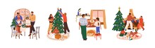 Happy Families And Couples At Christmas Eve, Decorate Xmas Trees And Fireplace, Cooking Gingerbread For New Year. Preparation For Winter Holidays. Flat Graphic Vector Illustrations Isolated On White