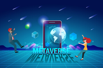 Wall Mural - Metaverse, virtual reality technology, user interface 3D experience with smartphone and digital devices. Man and woman with VR headset glass online connecting to virtual space and universe.