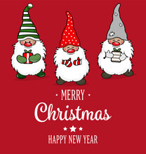 Christmas Card With Cute Gnomes. Seasons Greetings.