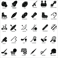 Black And White Sports Equipment Flat Vector Icon Collection Set