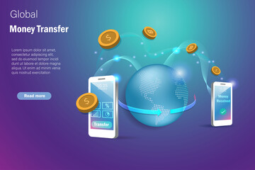 Wall Mural - Global money transfer via banking application on smartphone. Globe and smart device online connecting doing payment transection in futuristic background.