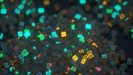 Piles of cubes with machine code 3D render