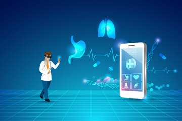 Wall Mural - Metaverse technology in medical and healthcare business, Doctor experience 3D virtual reality on smartphone learning, analysing and diagnosis human organs health problem environment interface.