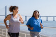 © KAMPUS - Happy plus size women doing sports near sea. Chubby women of different nationalities in sport clothes jogging at quay. Sport, body positive concept