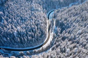 Wall Mural - natural winter landscape from air. aerial view on the road and forest at the winter time. winter chi