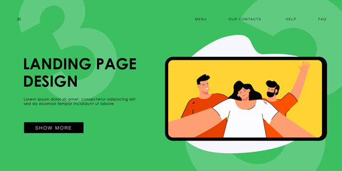 Mobile phone with selfie on screen flat vector illustration. Happy friends taking photo. Friendship, together, memory concept for banner, website design or landing web page