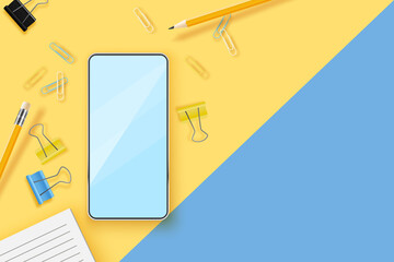 Realistic mobile phone and office supplies on a colored background. Remote work concept. Workplace background