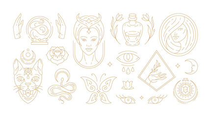 Wall Mural - magic woman boho vector illustrations of graceful feminine women and esoteric symbols set