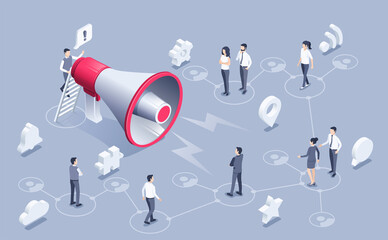 isometric vector illustration on a gray background, a man speaks important information to other people through a loudspeaker, spread of information