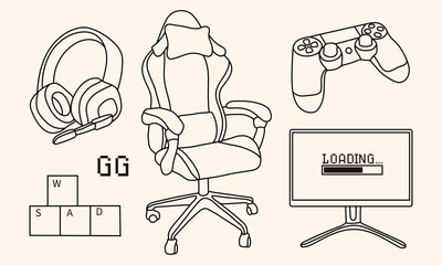 Set of various equipment for gamer. Hand drawn vector illustration. All elements are isolated.