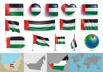 Wall Mural - united arab emirates flags and geographic map set. uae realistic flags, glossy buttons in patriotic 