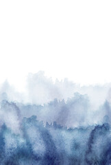 Sticker - Watercolor blue background, blot, blob, splash of blue paint on white background. Abstract blue ink wash painting. Grunge texture. Blue abstract silhouette of the forest, fog. Storm at sea, ocean.Wind