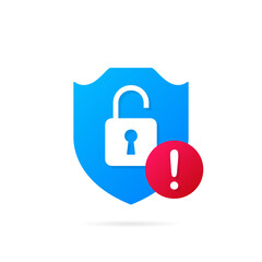 Leinwandbilder - Open protection system. Blue shield with open lock and warning sign. Security guard symbol