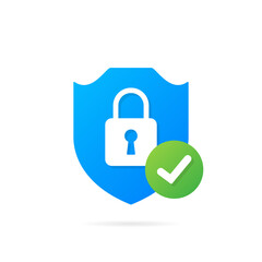 Wall Mural - closed protection system. blue shield with closed lock and checkmark sign. security guard symbol