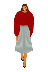 A dark-haired white woman in a warm woolen red sweater and a pleated skirt and classic high-heeled shoes. Vector illustration in flat style isolated on whiite background
