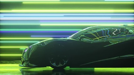 Wall Mural - Futuristic concept. The sports car is moving against the backdrop of glowing neon lines. Blue green color. 3d animation of seamless loop