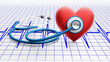 Stethoscope and red heart with electrocardiogram. ECG and medical tool. 3d rendered illustration.