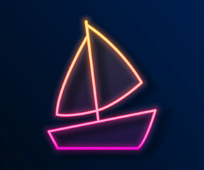 Poster - Glowing neon line Yacht sailboat or sailing ship icon isolated on black background. Sail boat marine cruise travel. Vector