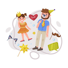 Wall Mural - Little Girl with Dad Wearing Party Birthday Photo Booth Props Standing and Smiling Vector Illustration