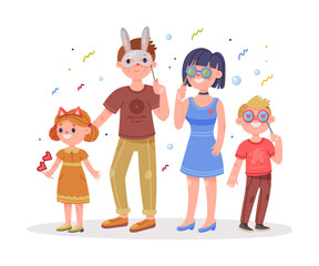 Sticker - Family with Kids Wearing Party Birthday Photo Booth Props Standing and Smiling Vector Illustration