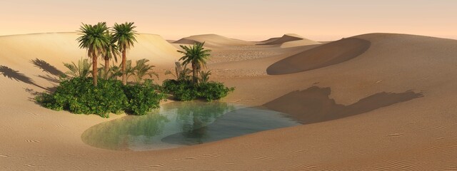 Poster - A beautiful oasis among the sand dunes in the desert at sunset, a pond with palm trees in the desert, 3D rendering