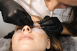 © Aleksandr - Woman doing eyelashes lamination in beauty studio. Blond hair model has staining, curling, laminating and extension for lashes