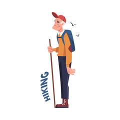 Sticker - Alzheimer Prevention with Elderly Man with Backpack Hiking or Trekking Vector Illustration