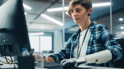 Aufkleber - Diverse Body Positive Office: Portrait of Motivated Woman with Disability Using Prosthetic Arm to Work on Computer. Beautiful Professional with Thought Controlled Body Powered Myoelectric Bionic Hand