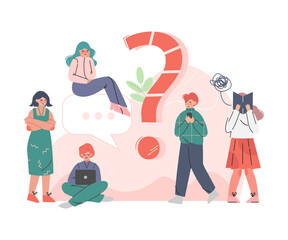 Sticker - Puzzled People Character Asking Question and Searching for Answer Around Interrogation Mark Vector Illustration