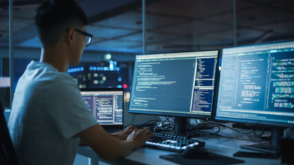 Poster - Night Office: Young Japanese Man in Working on Desktop Computer. Diverse Multi-Ethnic Team of Programmers Typing Code, Creating Modern Software, e-Commerce App Design, e-Business Programming.